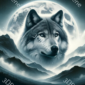 Poster van Grijze Wolvenblik: Hoofd van een Wolf in Berglandschap bij Volle Maan, Mist Optrekkend