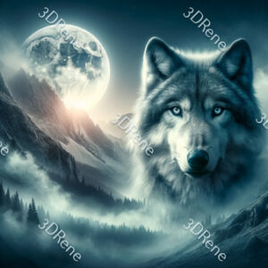 Poster van Grijze Wolf in Berglandschap Onder Volle Maan