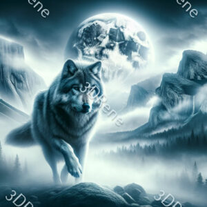 Poster van majestueuze grijze wolf opduikend uit de mist onder volle maan