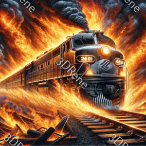 Poster van een trein die uit de vlammen verschijnt