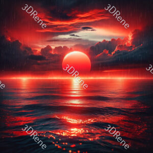 Poster van vurige zonsondergang met rode zon die in zee zinkt onder fijne regen