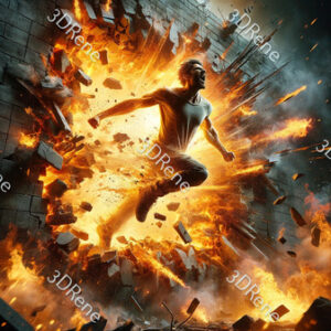 Poster van vuurkracht ontketend met man die door muur breekt, omringd door vuur