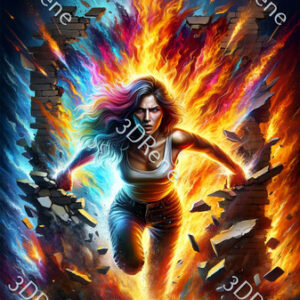 Poster van vuurkracht vrouw die muur doorbreekt, omringd door intens vuur en puin