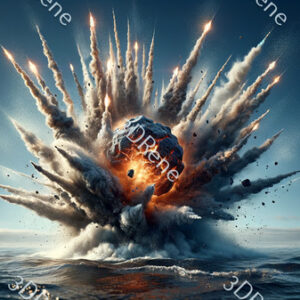 Poster van waterige chaos en spectaculair puin door inslag van meteoriet
