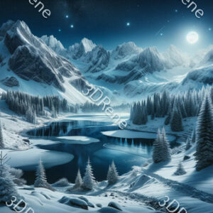 Poster van winterschoonheid berglandschap met nachtelijk meer