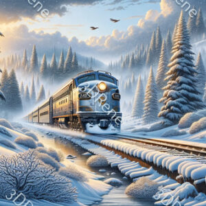 Poster van winterse treinreis door een betoverend landschap