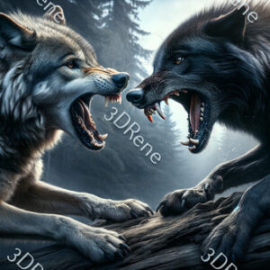 Poster van wolvengevecht zwart versus grijs in de wildernis