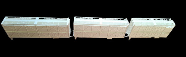 3D-geprinte Australische veetrailers achter elkaar, gedetailleerd model voor modelbouw.