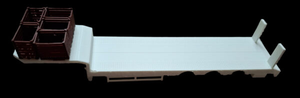 3D-geprinte defensie dieplader, bovenkant, gedetailleerd model voor modelbouw.