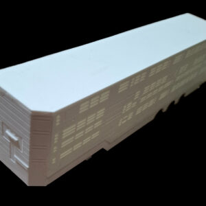 3D-geprinte veetrailer versie 3 – voorkant en zijkant, gedetailleerd model voor modelbouw.
