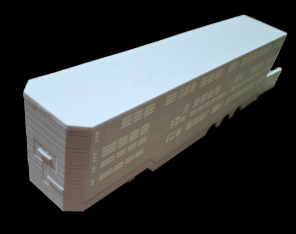 3D-geprinte veetrailer versie 3 – voorkant en zijkant, gedetailleerd model voor modelbouw.