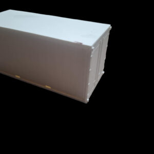De achter- en zijkant van een 3D-geprinte container voor modelbouw trailers en vrachtwagens schaal 1:87 en schaal 1:50