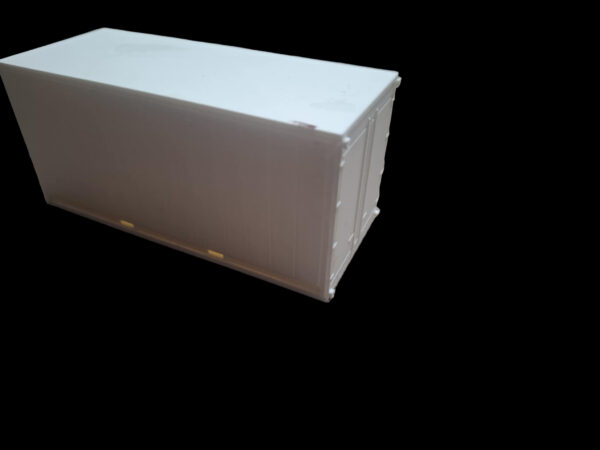 De achter- en zijkant van een 3D-geprinte container voor modelbouw trailers en vrachtwagens schaal 1:87 en schaal 1:50