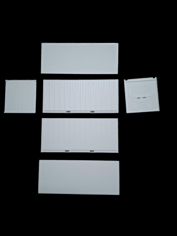 De onderdelen van een 3D-geprinte container voor modelbouw trailers en vrachtwagens schaal 1:87 en schaal 1:50