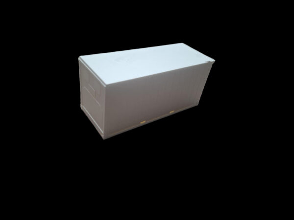 De voor- en zijkant van een 3D-geprinte container voor modelbouw trailers en vrachtwagens schaal 1:87 en schaal 1:50